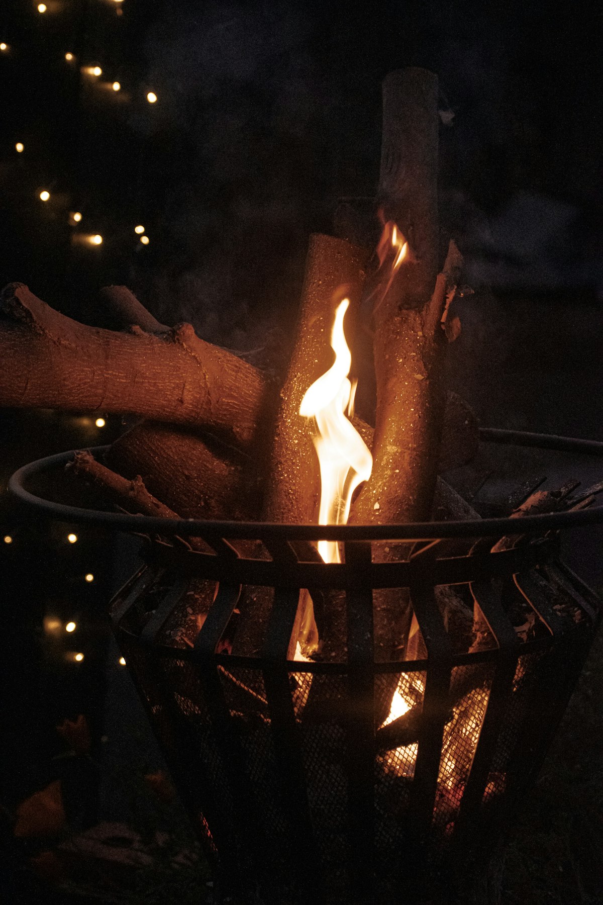 Outdoor fire feature at dusk